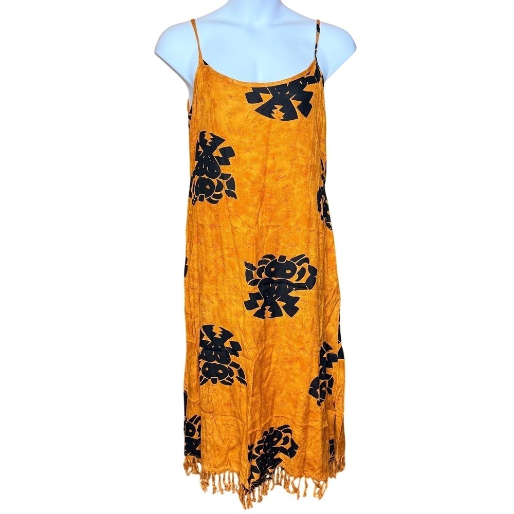 Henna Spaghetti Strap Maxi Free Sz Fringe Pockets Dress Hawaii Boho Beach Resort